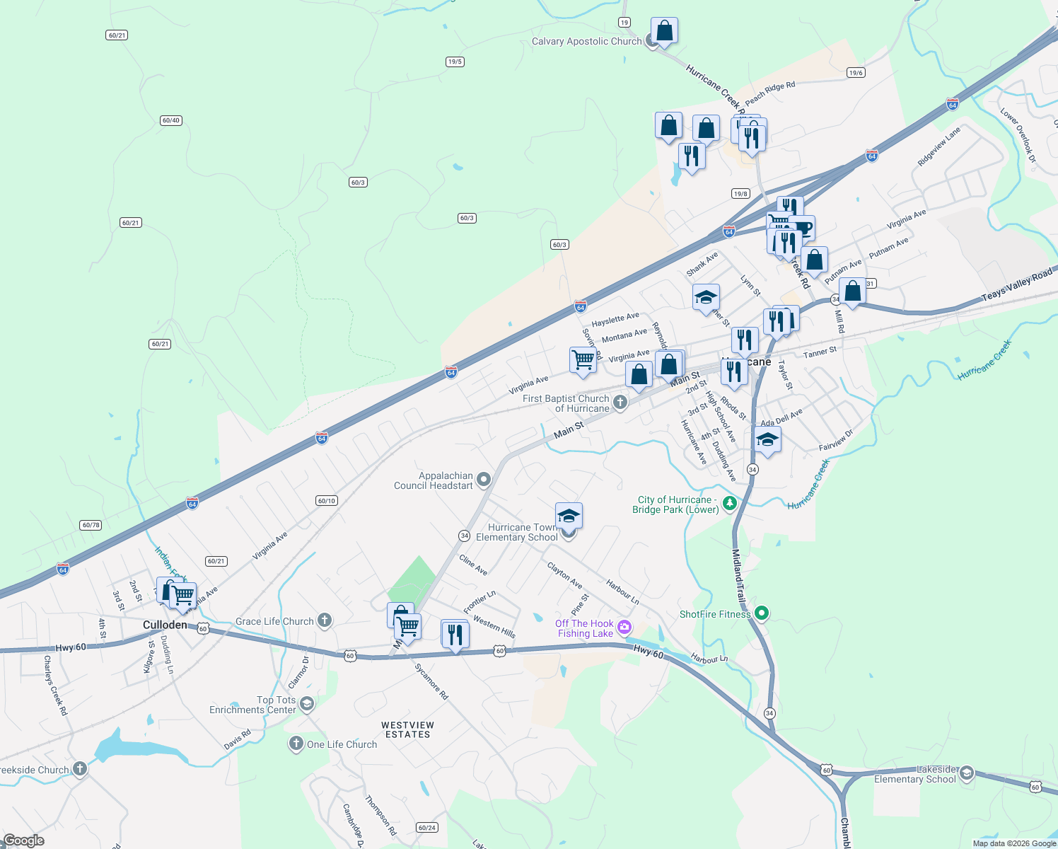 map of restaurants, bars, coffee shops, grocery stores, and more near 277 Conner Ave in Hurricane