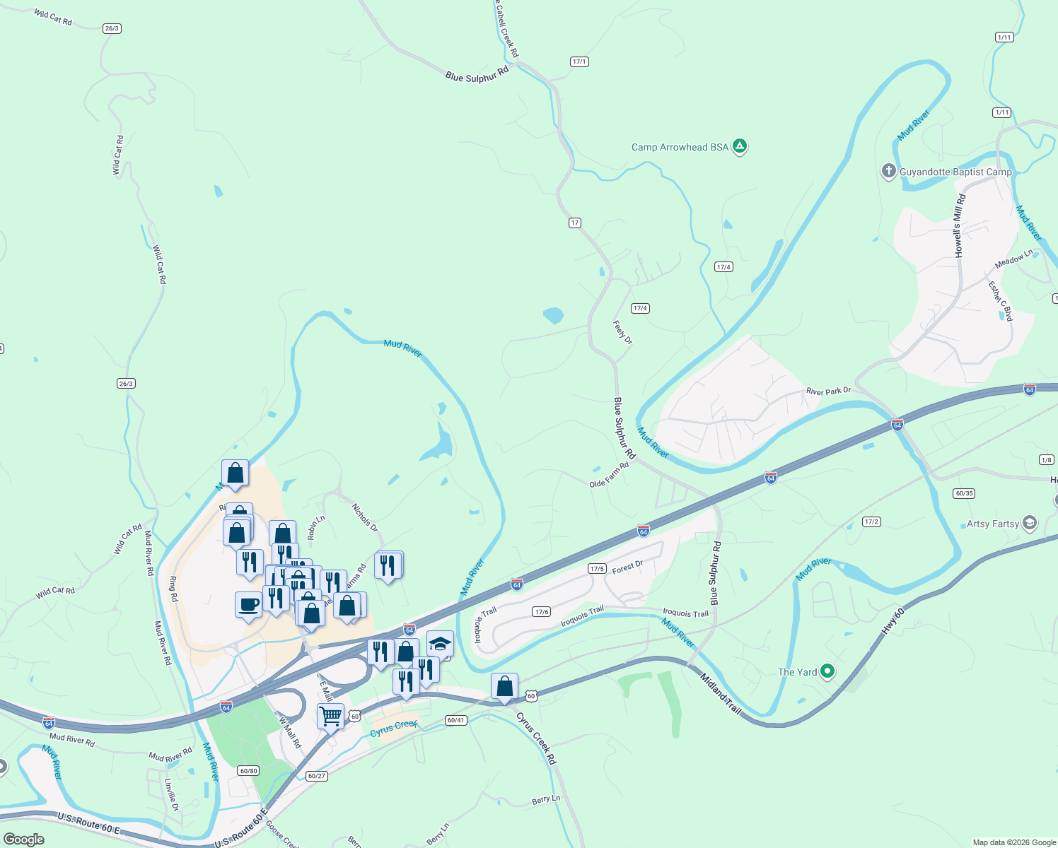 map of restaurants, bars, coffee shops, grocery stores, and more near 18 Quail Dr in Ona