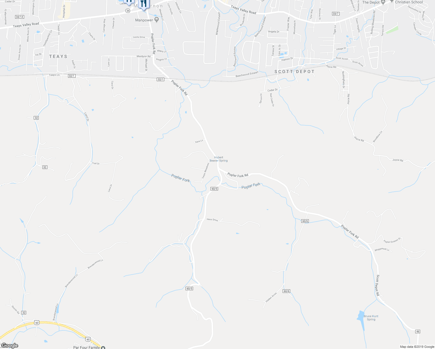 map of restaurants, bars, coffee shops, grocery stores, and more near 55 Fletcher Road in Scott Depot