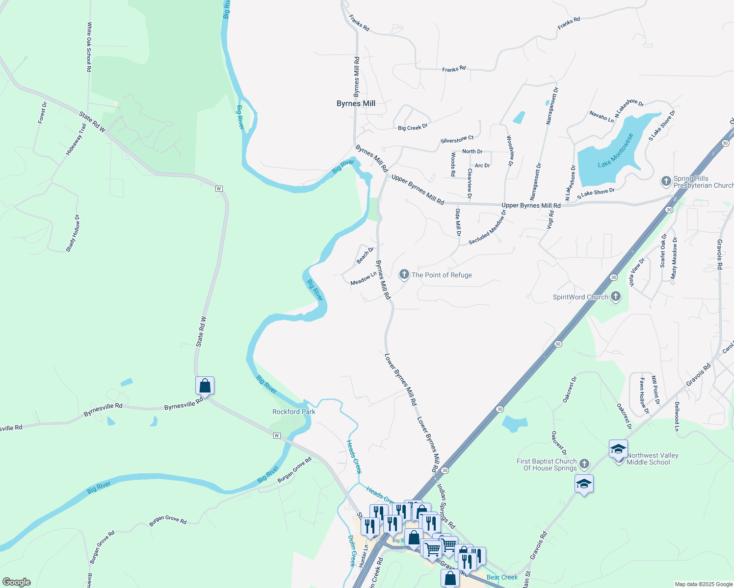 map of restaurants, bars, coffee shops, grocery stores, and more near 6831 Reginald Drive in Byrnes Mill