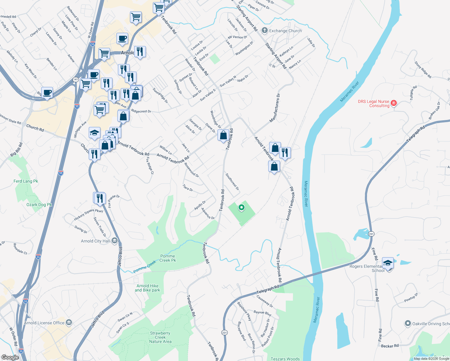 map of restaurants, bars, coffee shops, grocery stores, and more near 2932 Tenbrook Rd in Arnold