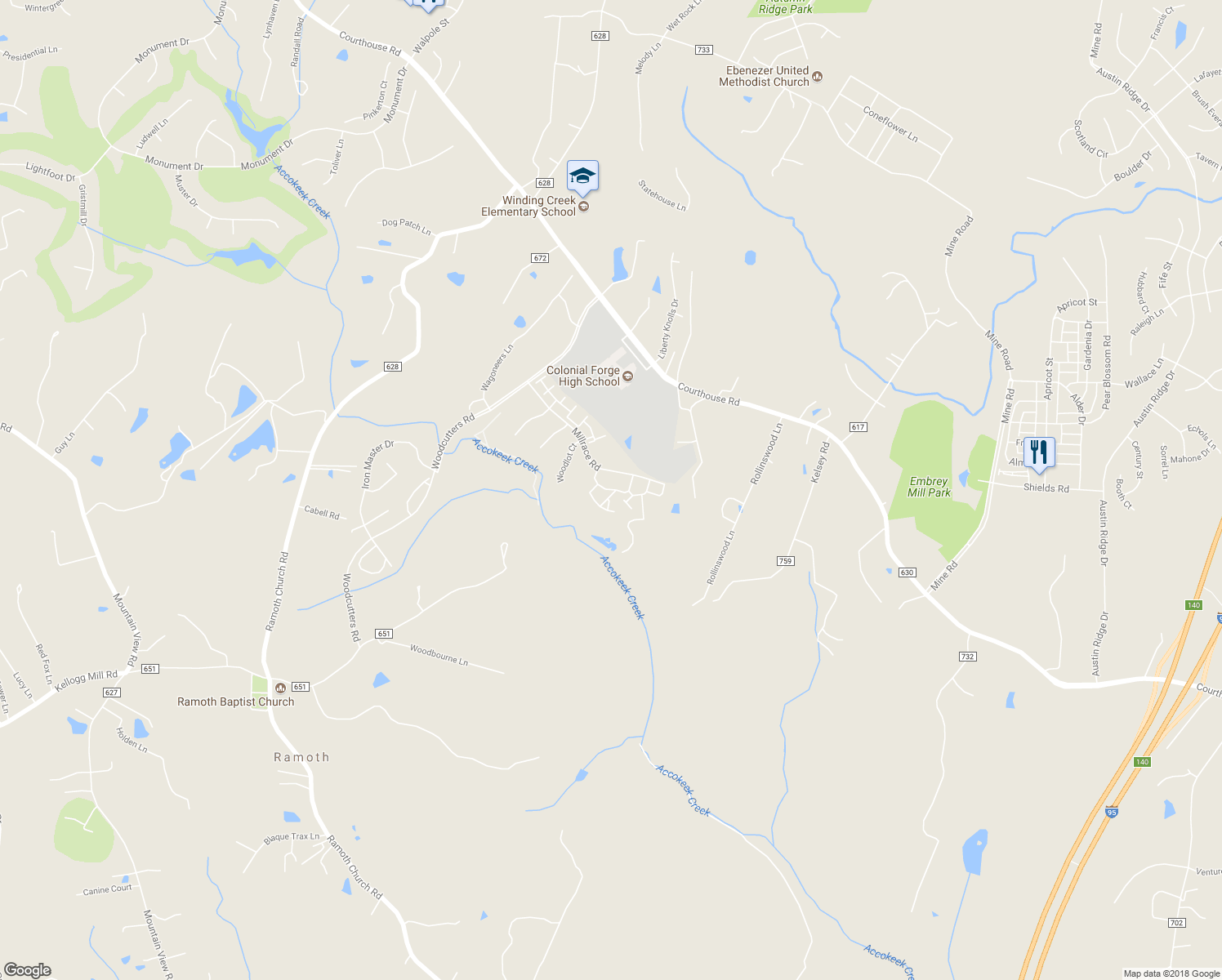 map of restaurants, bars, coffee shops, grocery stores, and more near Lamplighter Lane in Stafford