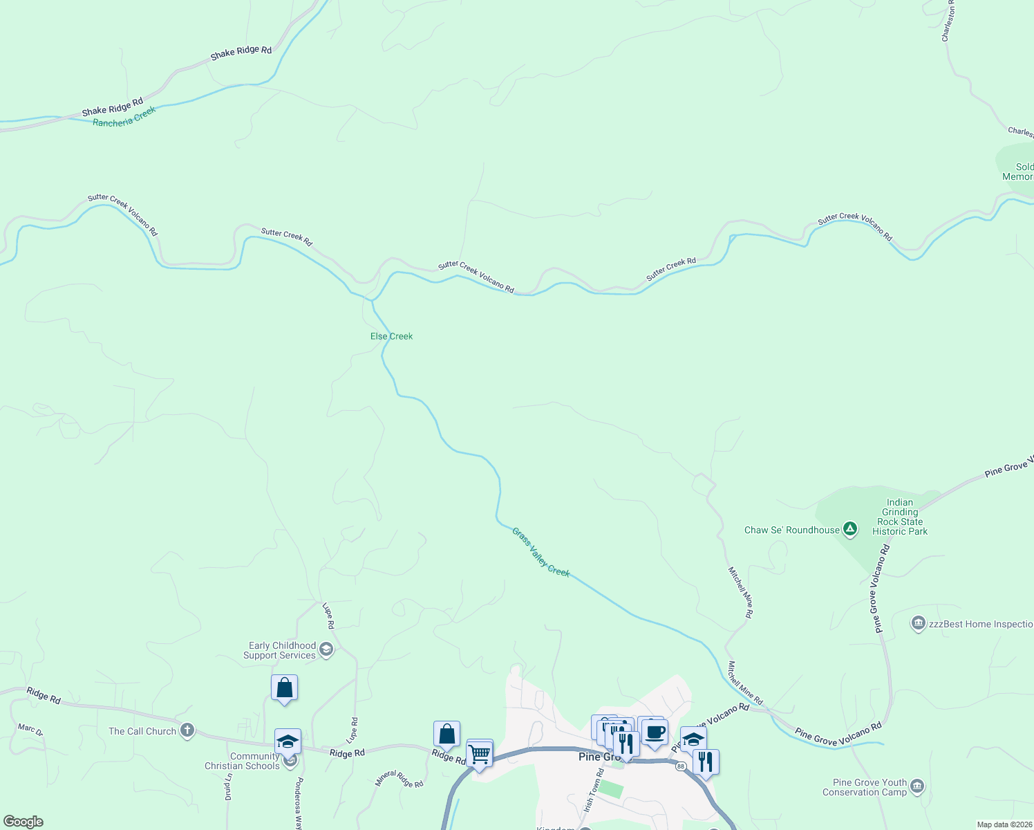map of restaurants, bars, coffee shops, grocery stores, and more near 19400 West Mitchell Mine Road in Pine Grove
