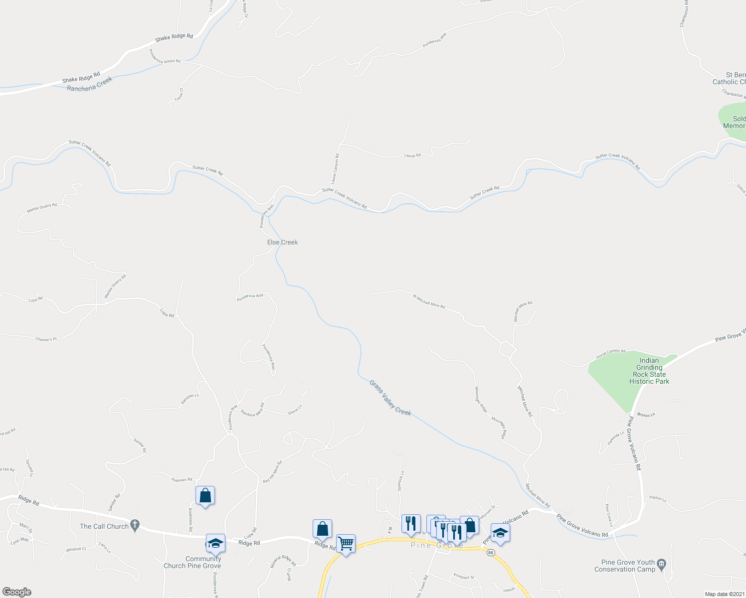 map of restaurants, bars, coffee shops, grocery stores, and more near 19400 West Mitchell Mine Road in Pine Grove