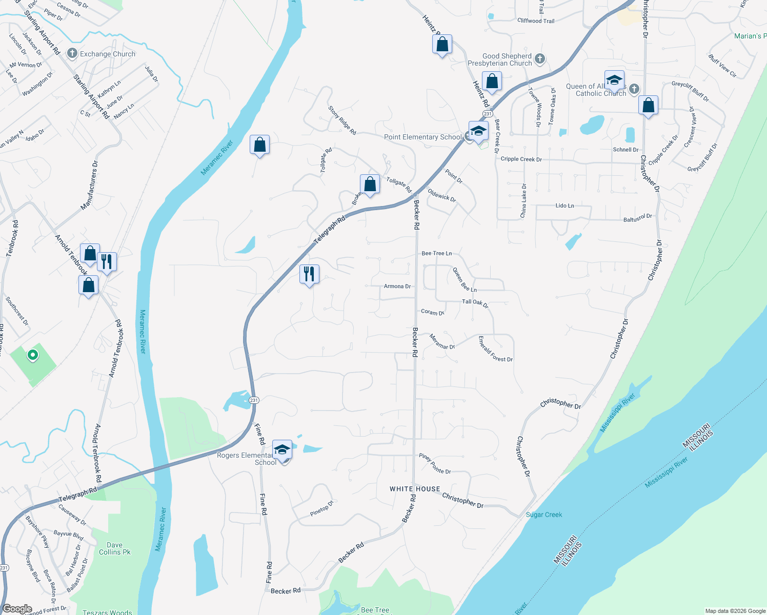 map of restaurants, bars, coffee shops, grocery stores, and more near 7122 Caprock Drive in St. Louis