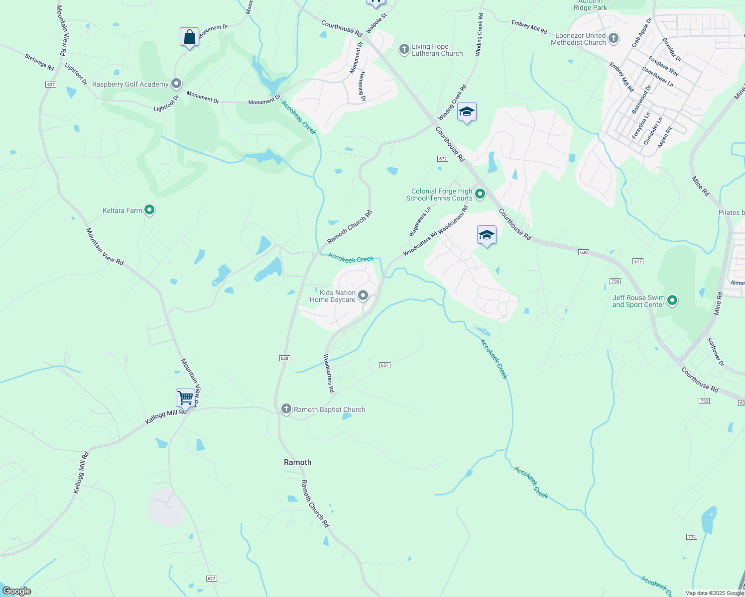 map of restaurants, bars, coffee shops, grocery stores, and more near 15 Shepherds Hook Way in Stafford