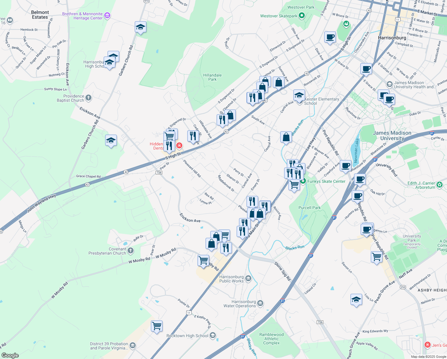 map of restaurants, bars, coffee shops, grocery stores, and more near 92 Middlebrook Street in Harrisonburg