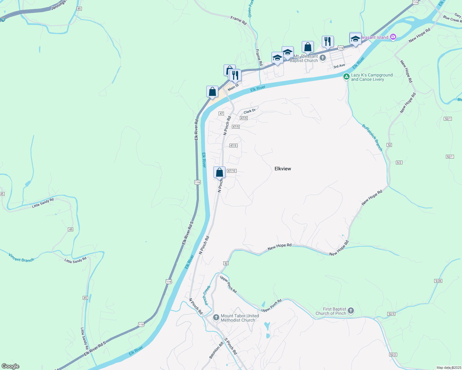 map of restaurants, bars, coffee shops, grocery stores, and more near 104 Hillcrest Dr in Elkview