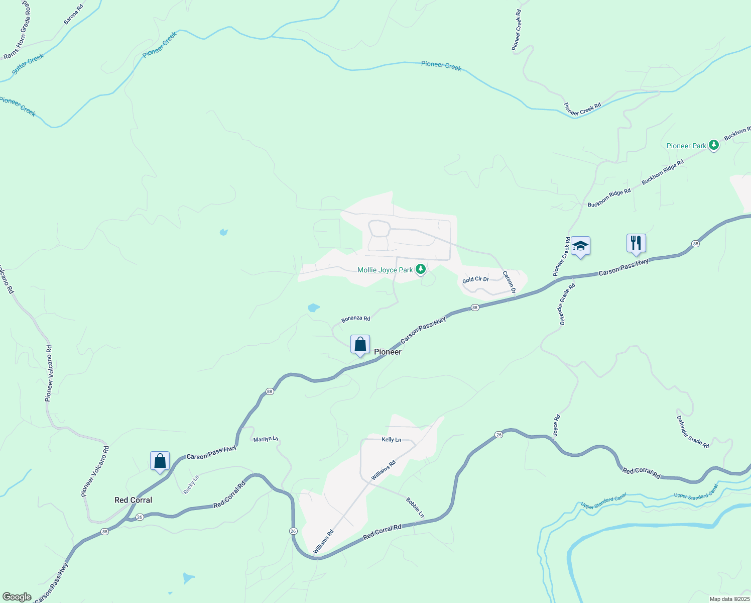 map of restaurants, bars, coffee shops, grocery stores, and more near 23656 Lightning in Pioneer
