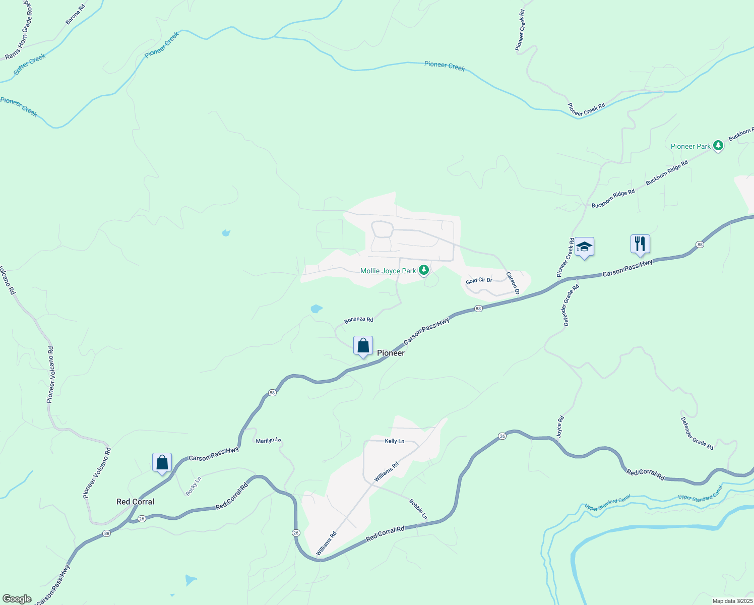 map of restaurants, bars, coffee shops, grocery stores, and more near 23656 Lightning in Pioneer