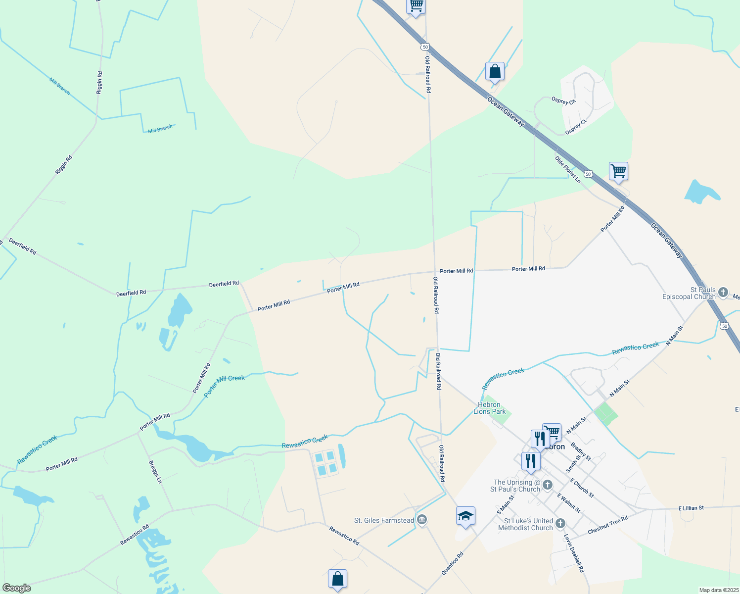 map of restaurants, bars, coffee shops, grocery stores, and more near 26213 Porter Mill Road in Hebron