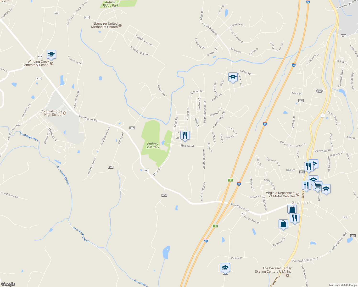 map of restaurants, bars, coffee shops, grocery stores, and more near 310 Shields Road in Stafford