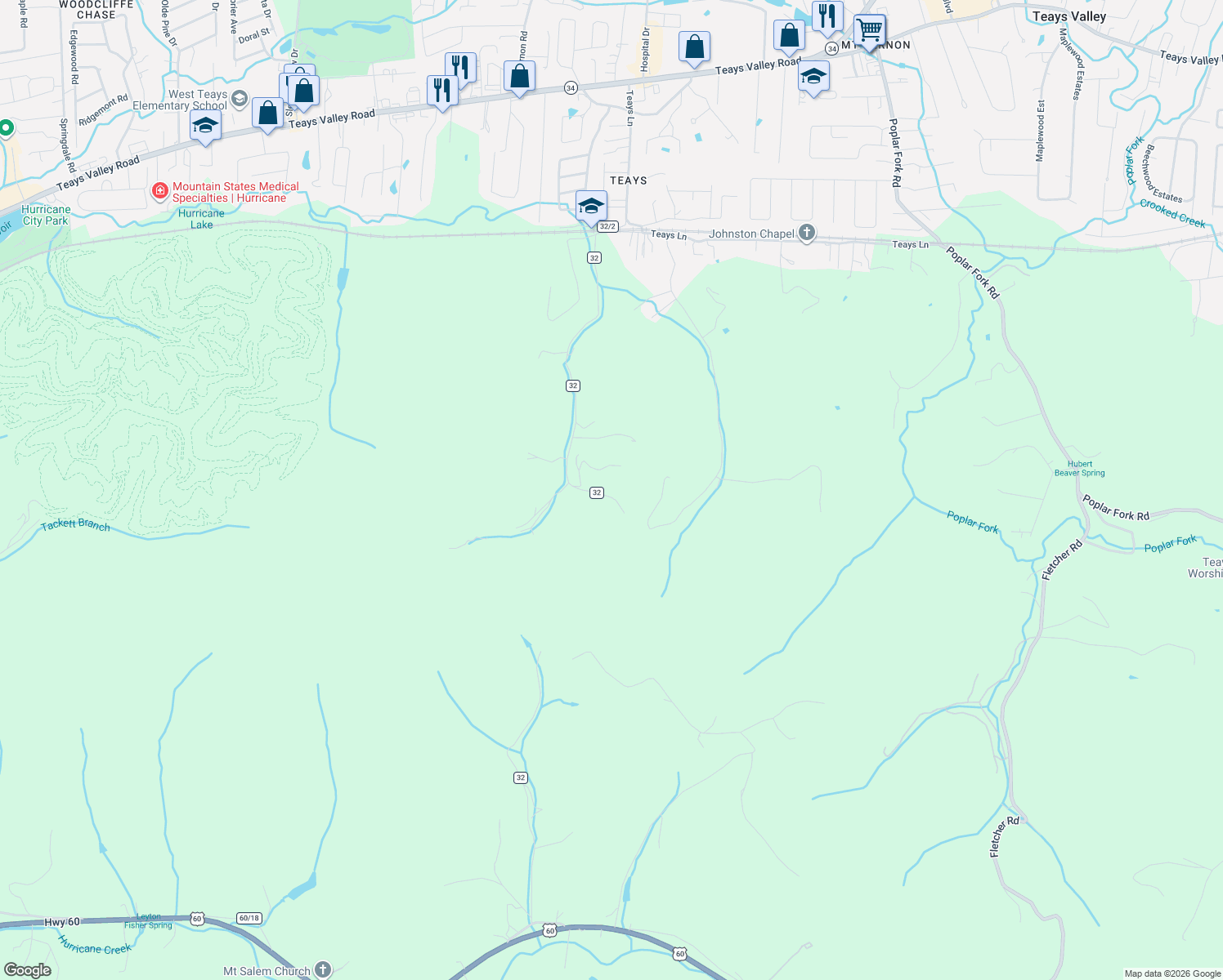 map of restaurants, bars, coffee shops, grocery stores, and more near Tuckers Branch in Hurricane