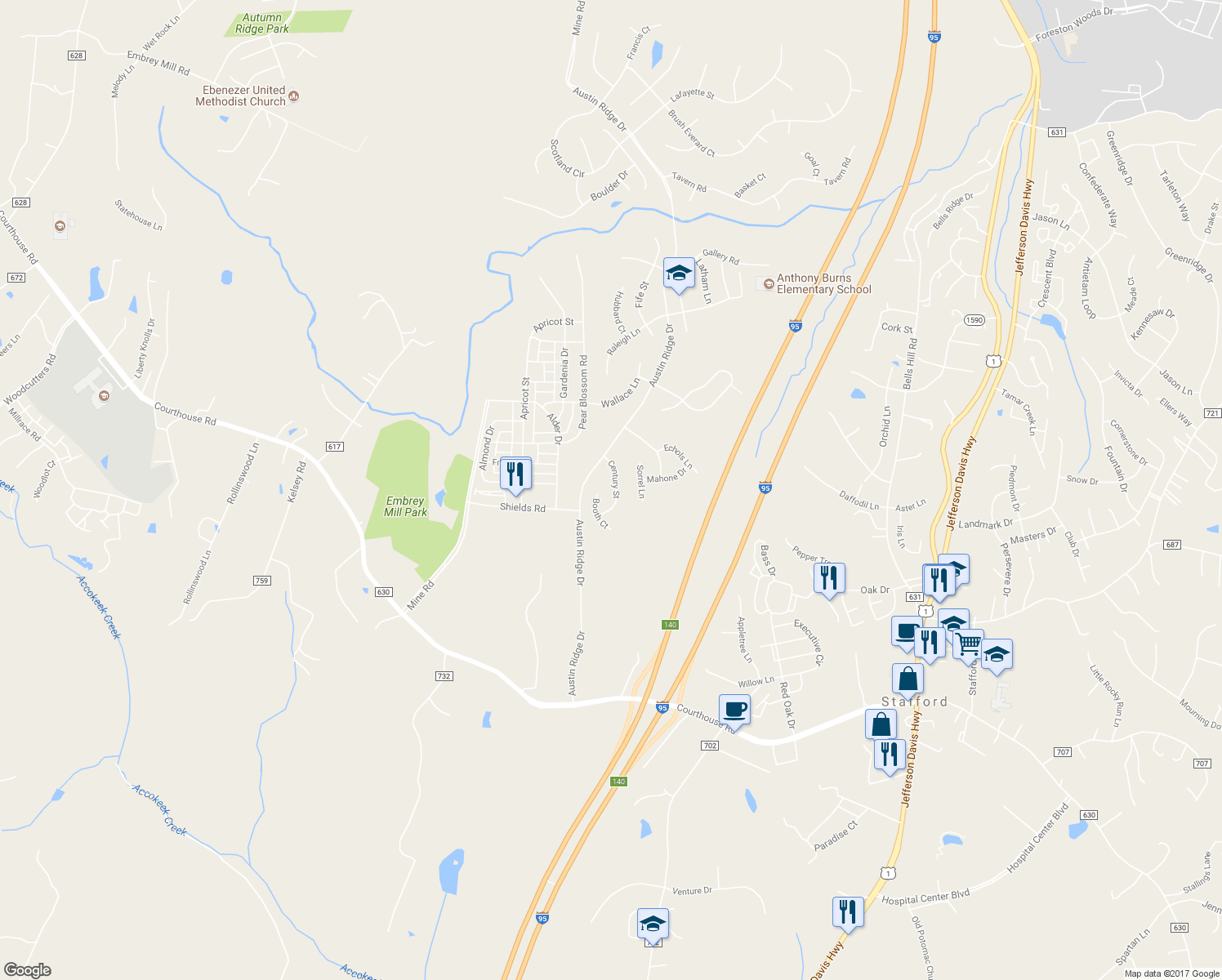 map of restaurants, bars, coffee shops, grocery stores, and more near 20 Century Street in Stafford
