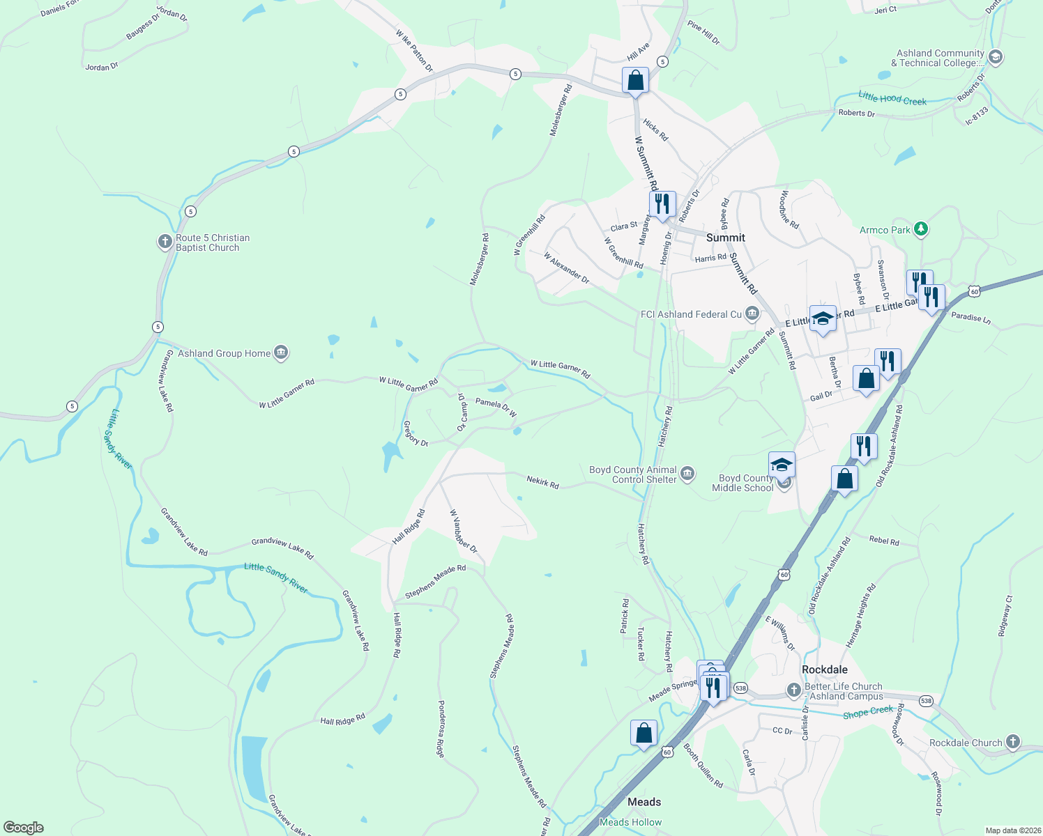 map of restaurants, bars, coffee shops, grocery stores, and more near 6981-7143 Hall Ridge Road in Ashland