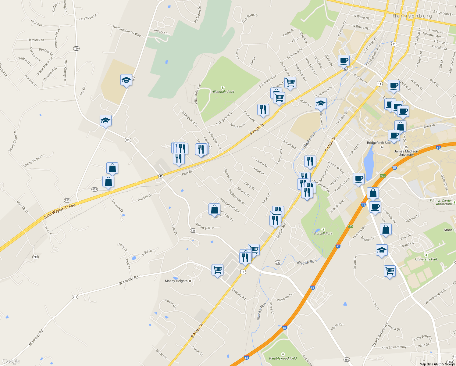 map of restaurants, bars, coffee shops, grocery stores, and more near 199 Colonial Dr in Harrisonburg