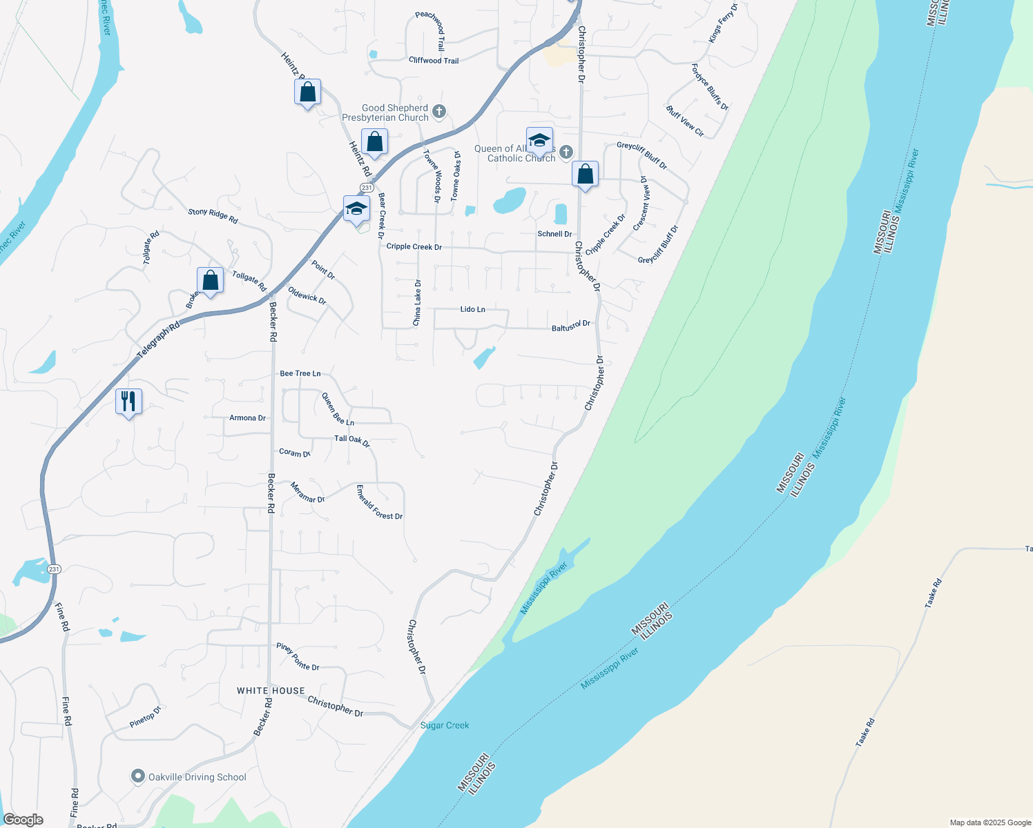 map of restaurants, bars, coffee shops, grocery stores, and more near 2550 Willow Knoll Drive in St. Louis
