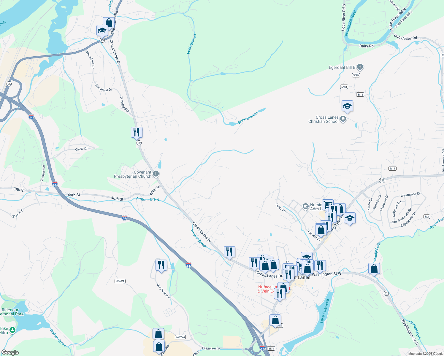 map of restaurants, bars, coffee shops, grocery stores, and more near 24 Barrington Rd in Nitro