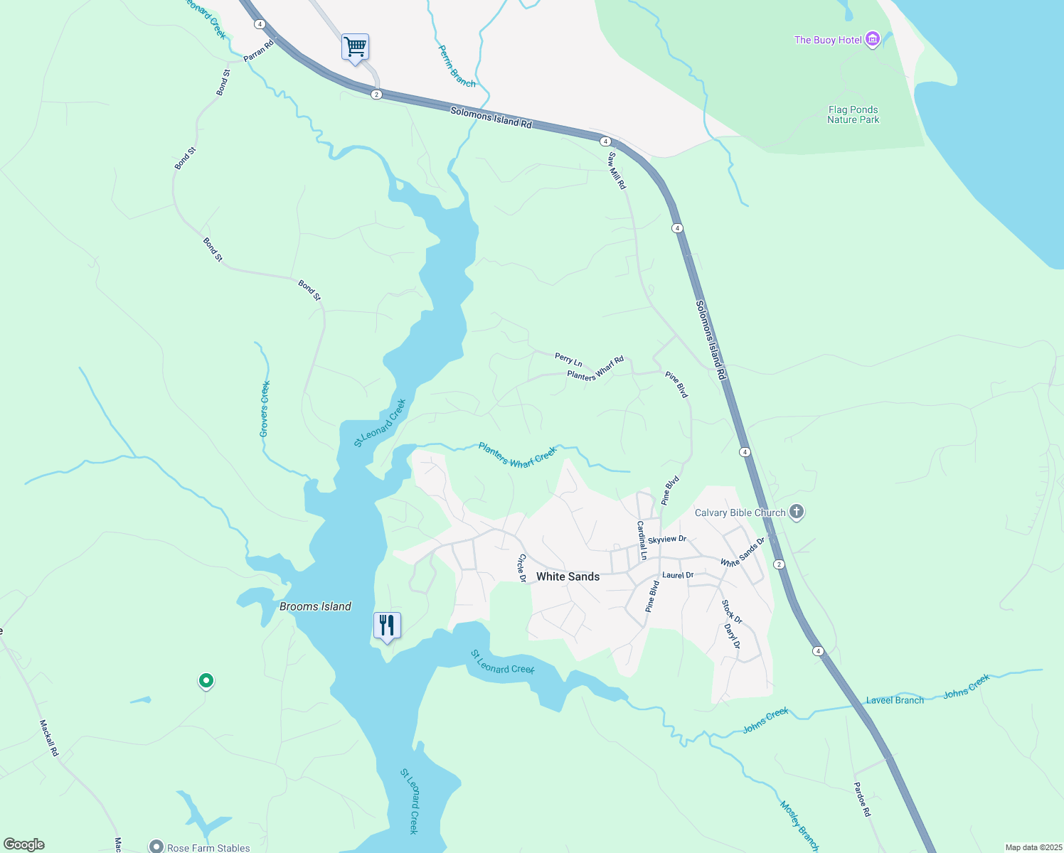 map of restaurants, bars, coffee shops, grocery stores, and more near 7902 Orange Drive in Lusby