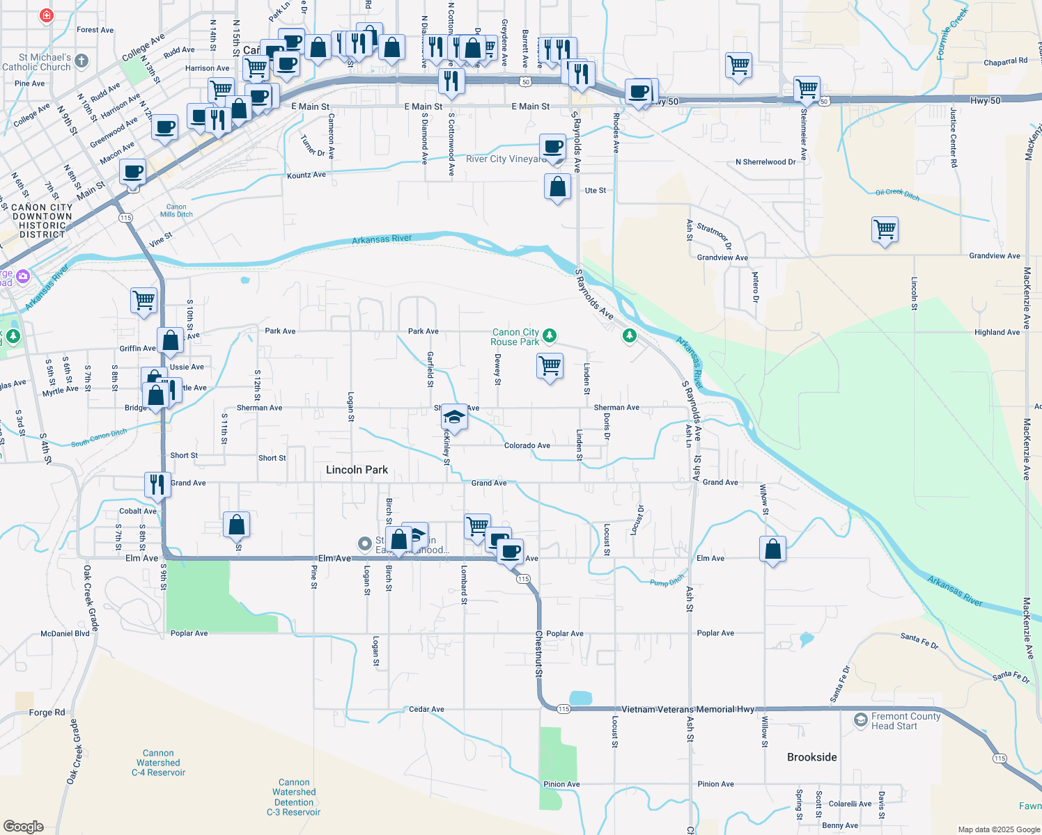 map of restaurants, bars, coffee shops, grocery stores, and more near 1542 Sherman Ave in Cañon City