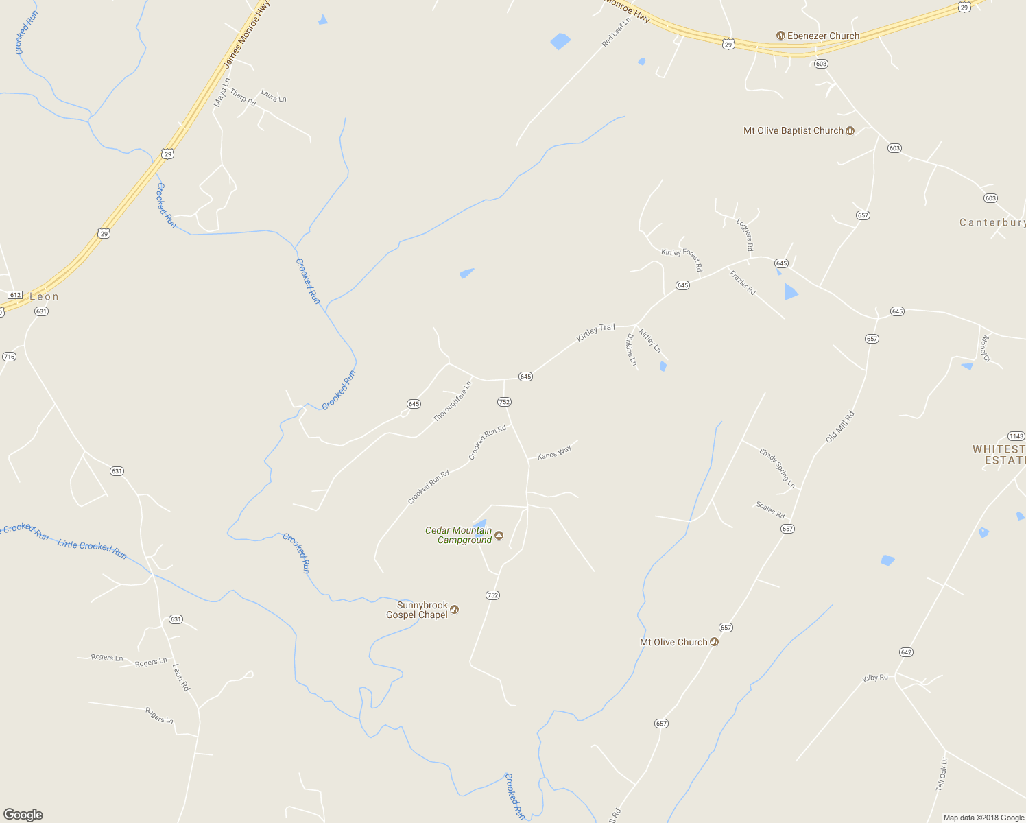 map of restaurants, bars, coffee shops, grocery stores, and more near 19443 Camp Road in Culpeper