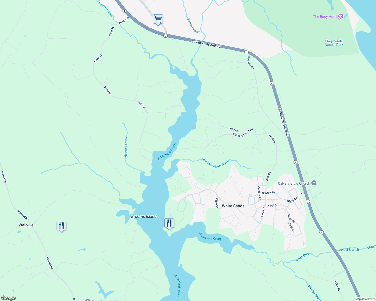 map of restaurants, bars, coffee shops, grocery stores, and more near 7810 Grape Court in Lusby