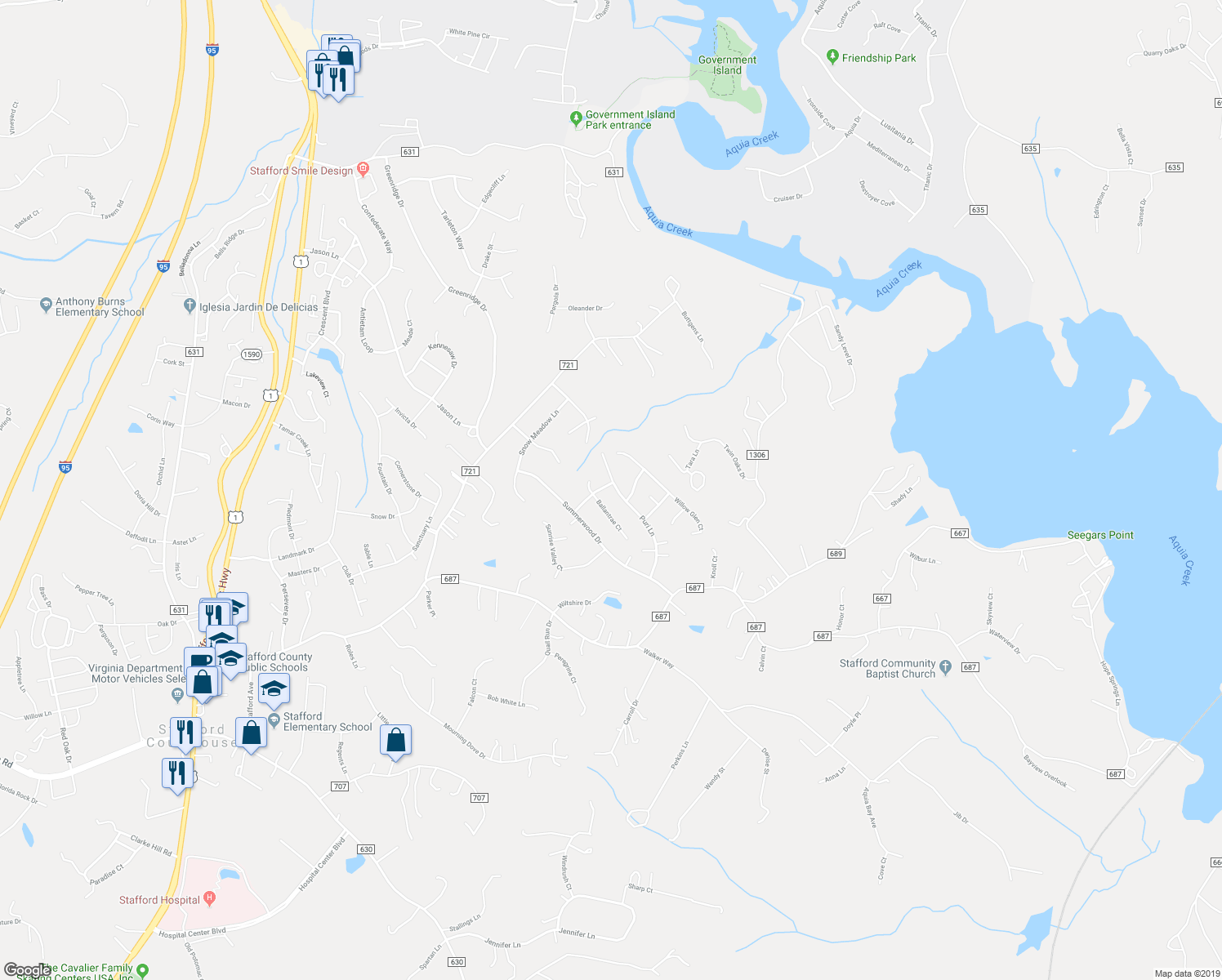 map of restaurants, bars, coffee shops, grocery stores, and more near 39 Puri Lane in Stafford