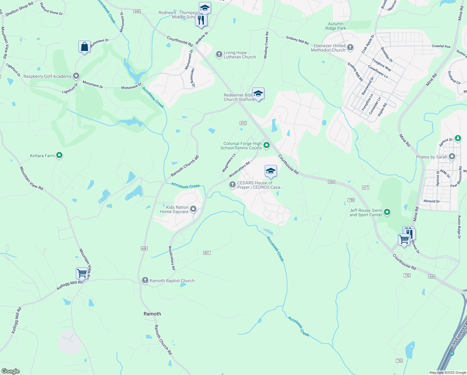 map of restaurants, bars, coffee shops, grocery stores, and more near 18 Smelters Trace Road in Stafford