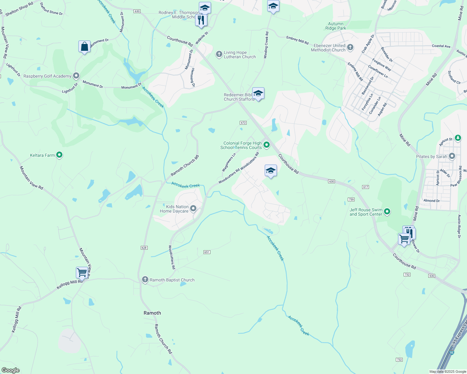 map of restaurants, bars, coffee shops, grocery stores, and more near 18 Smelters Trace Road in Stafford
