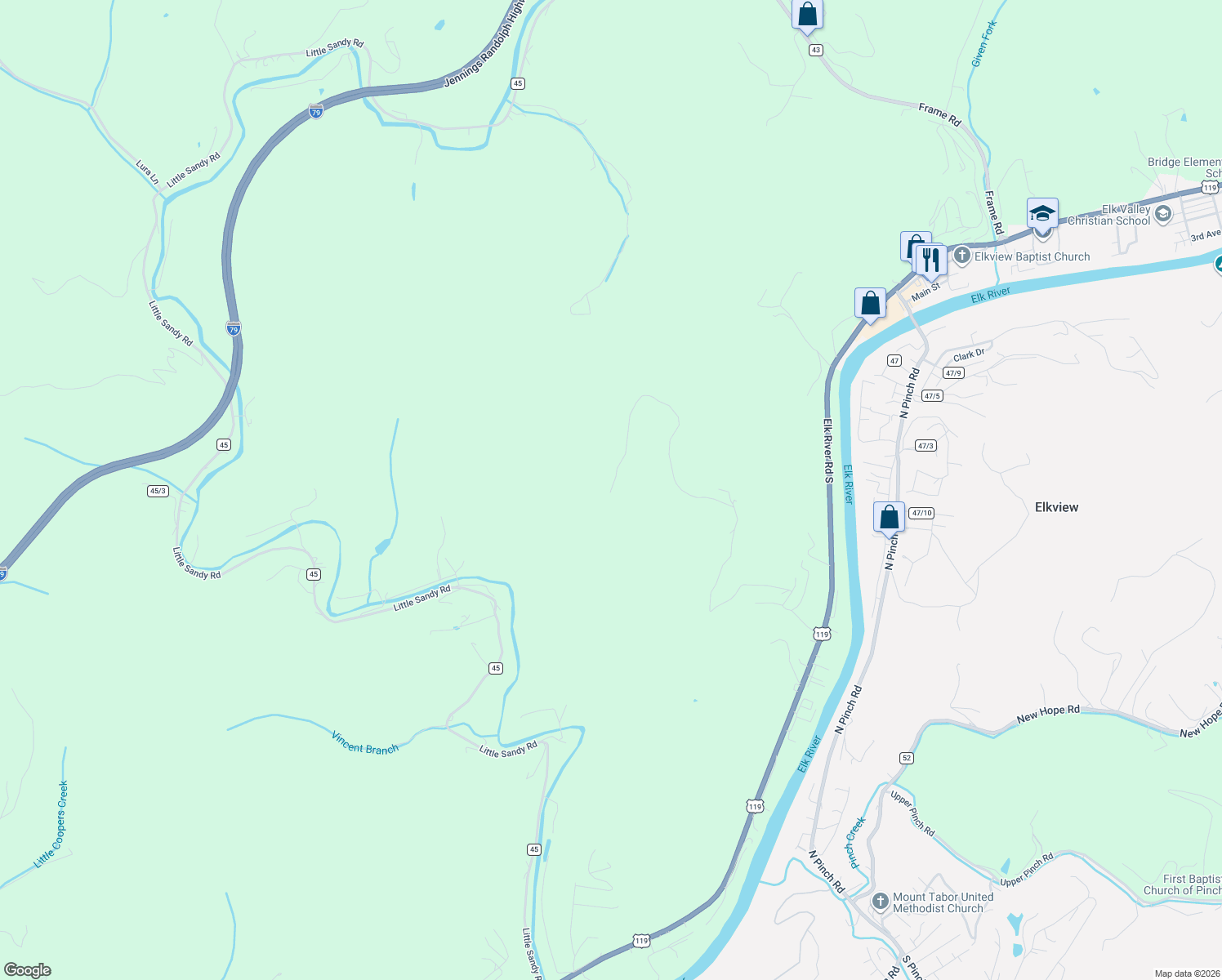 map of restaurants, bars, coffee shops, grocery stores, and more near 198 Lee Rd in Elkview