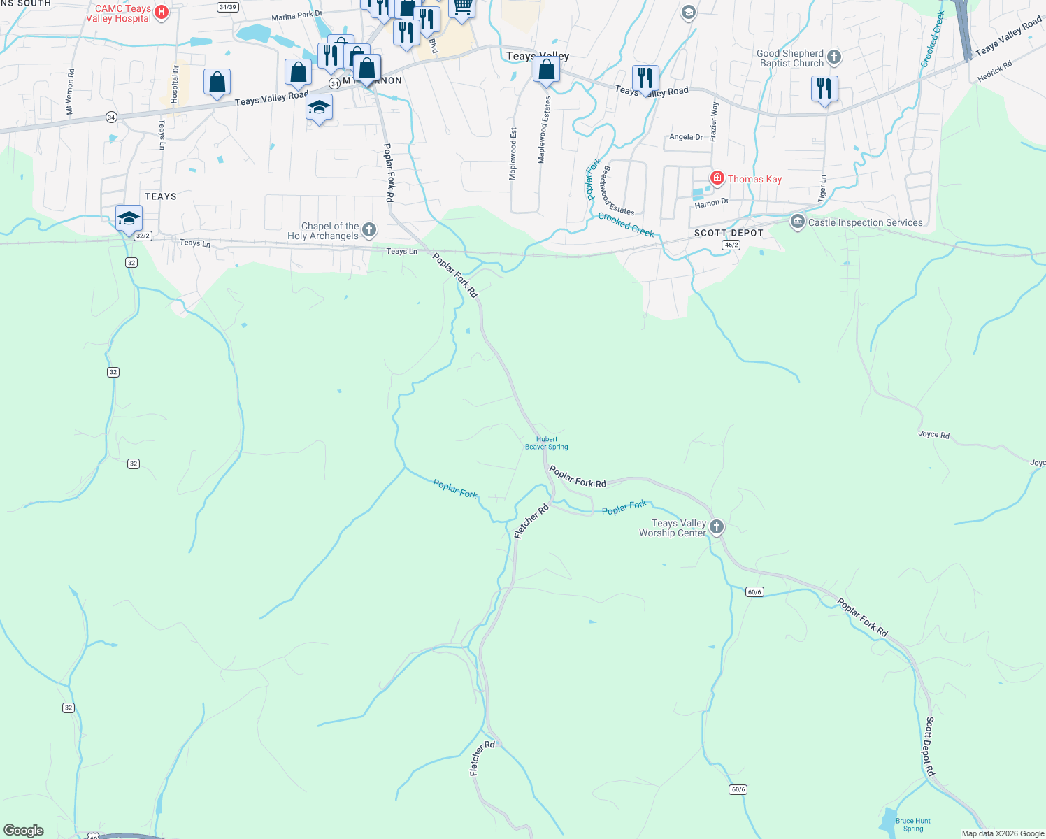 map of restaurants, bars, coffee shops, grocery stores, and more near 1282 Scott Depot Road in Scott Depot