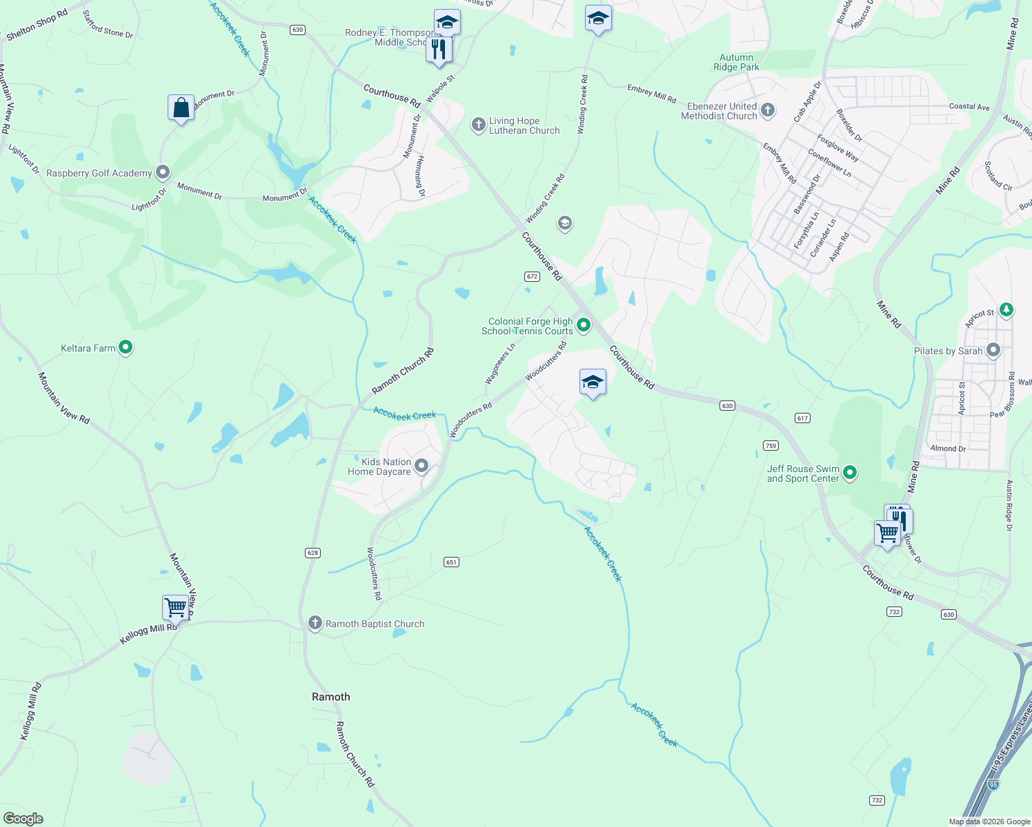 map of restaurants, bars, coffee shops, grocery stores, and more near 14 Smelters Trace Road in Stafford