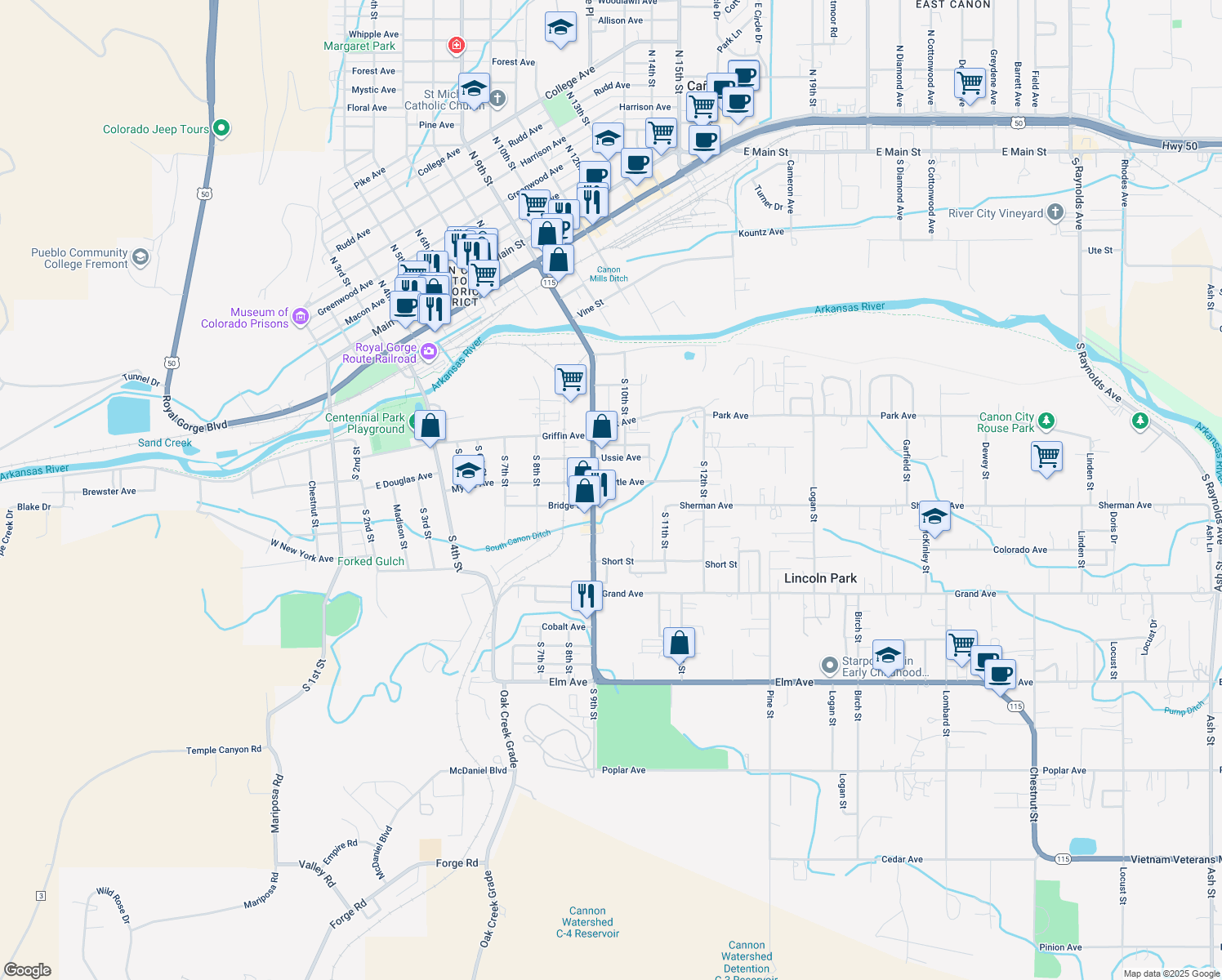 map of restaurants, bars, coffee shops, grocery stores, and more near 918 Myrtle Ln in Cañon City