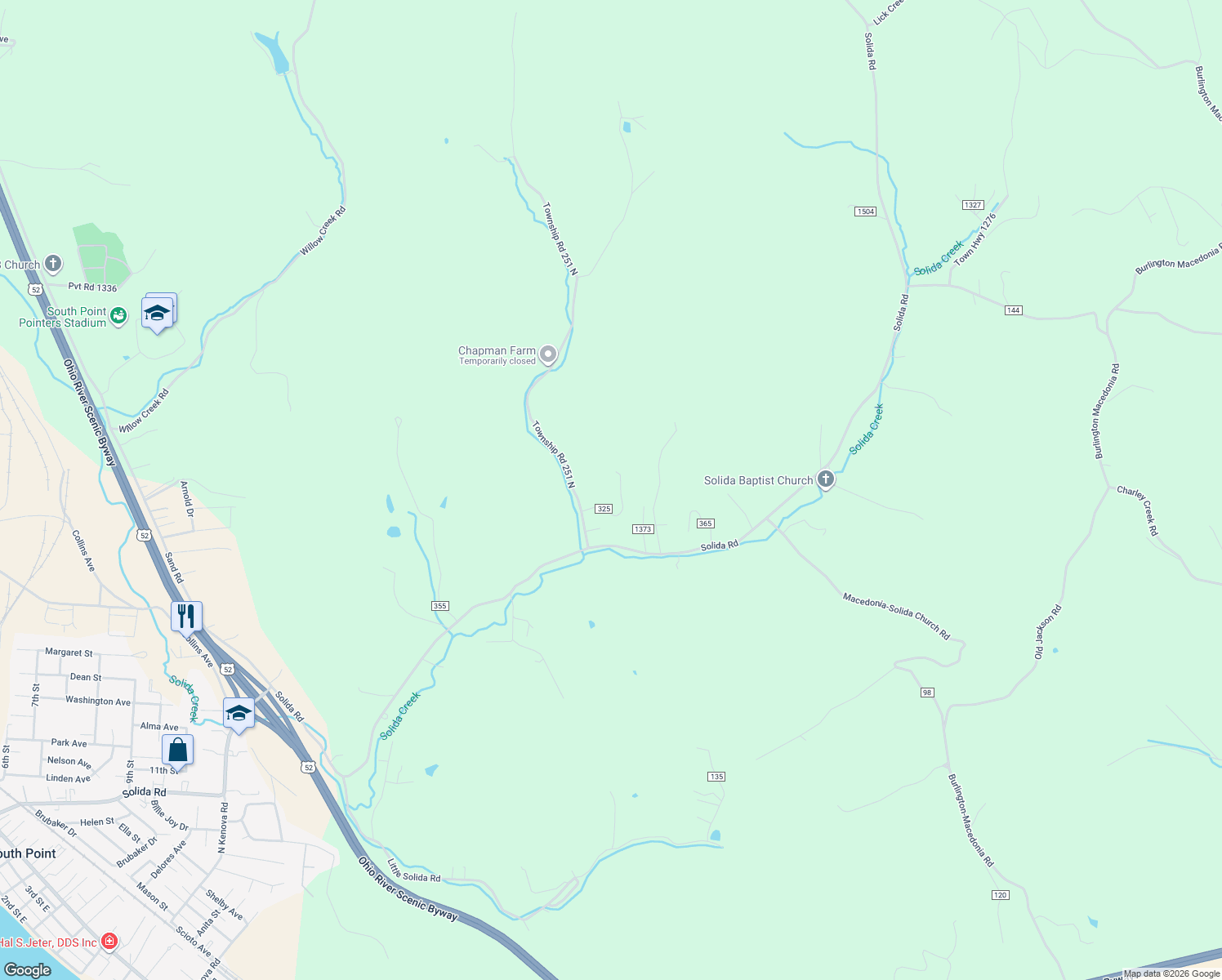 map of restaurants, bars, coffee shops, grocery stores, and more near 205 Township Road 325 in South Point