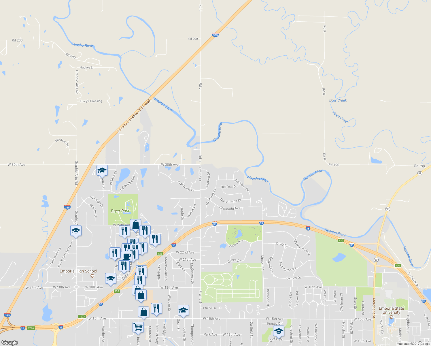 map of restaurants, bars, coffee shops, grocery stores, and more near 3013 Izquierdo Court in Emporia