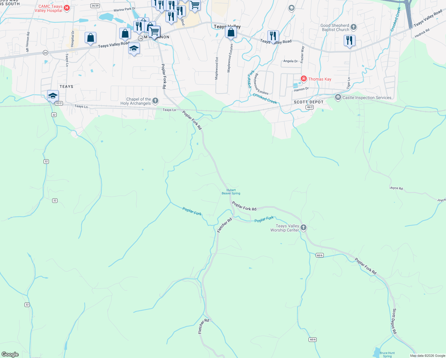 map of restaurants, bars, coffee shops, grocery stores, and more near 1282 Scott Depot Road in Putnam County