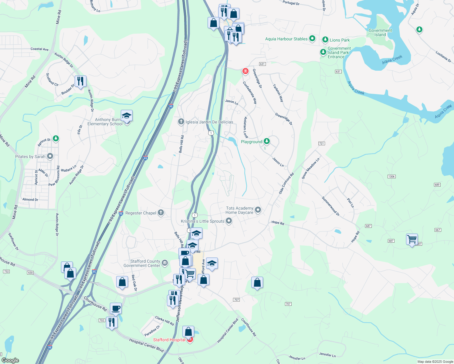 map of restaurants, bars, coffee shops, grocery stores, and more near 101 Tamar Creek Lane in Stafford