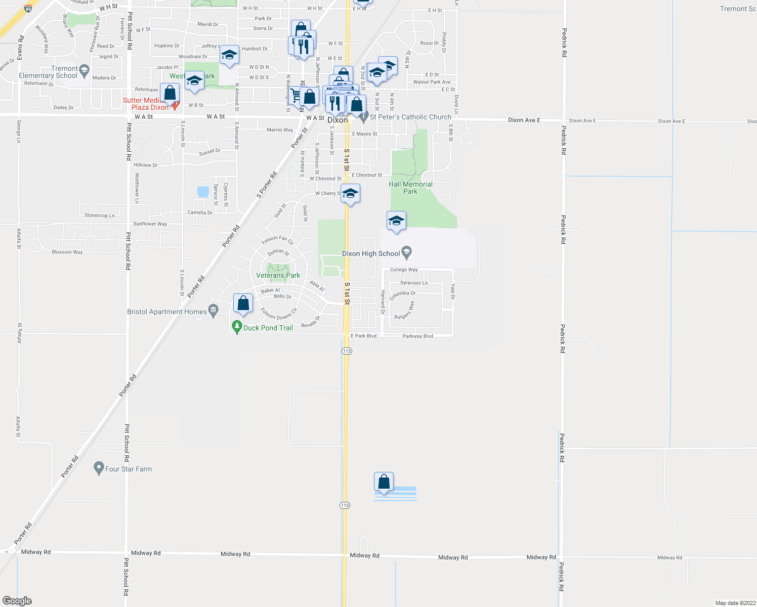 map of restaurants, bars, coffee shops, grocery stores, and more near 260 Heritage Lane in Dixon
