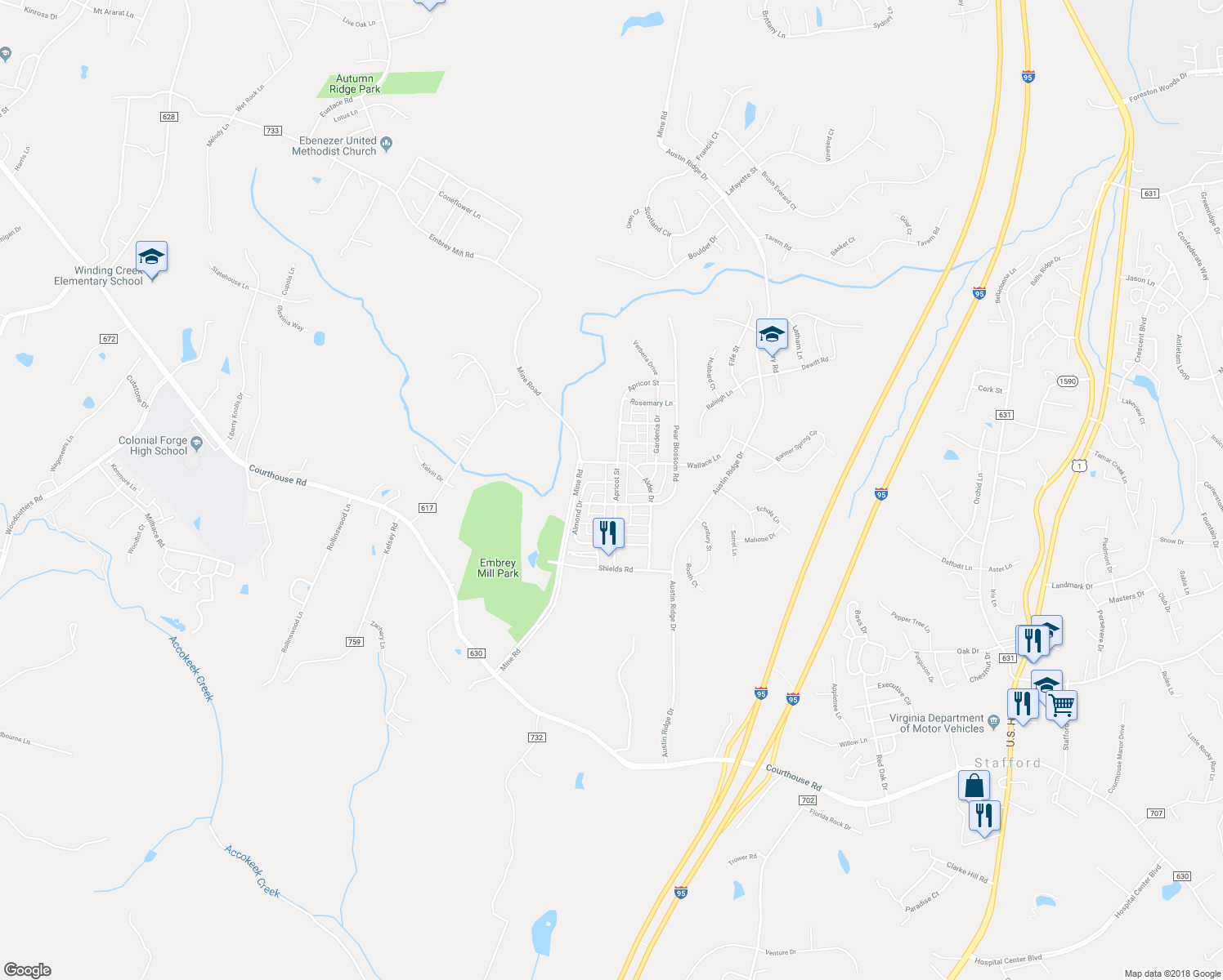 map of restaurants, bars, coffee shops, grocery stores, and more near 407 Apricot Street in Stafford