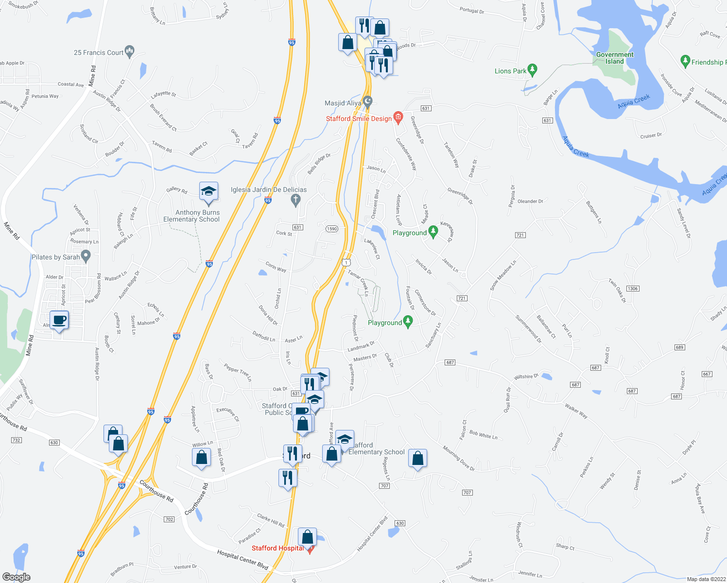 map of restaurants, bars, coffee shops, grocery stores, and more near 133 Arla Court in Stafford