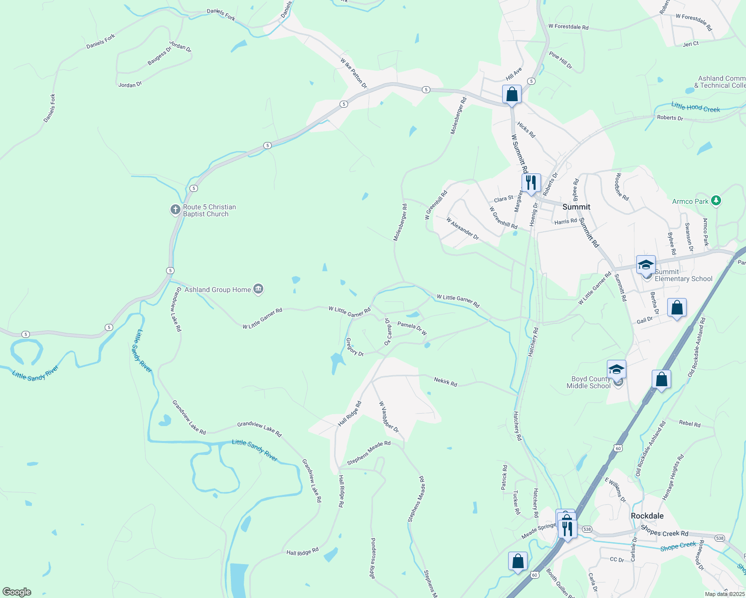 map of restaurants, bars, coffee shops, grocery stores, and more near 830 Kentucky 716 in Ashland