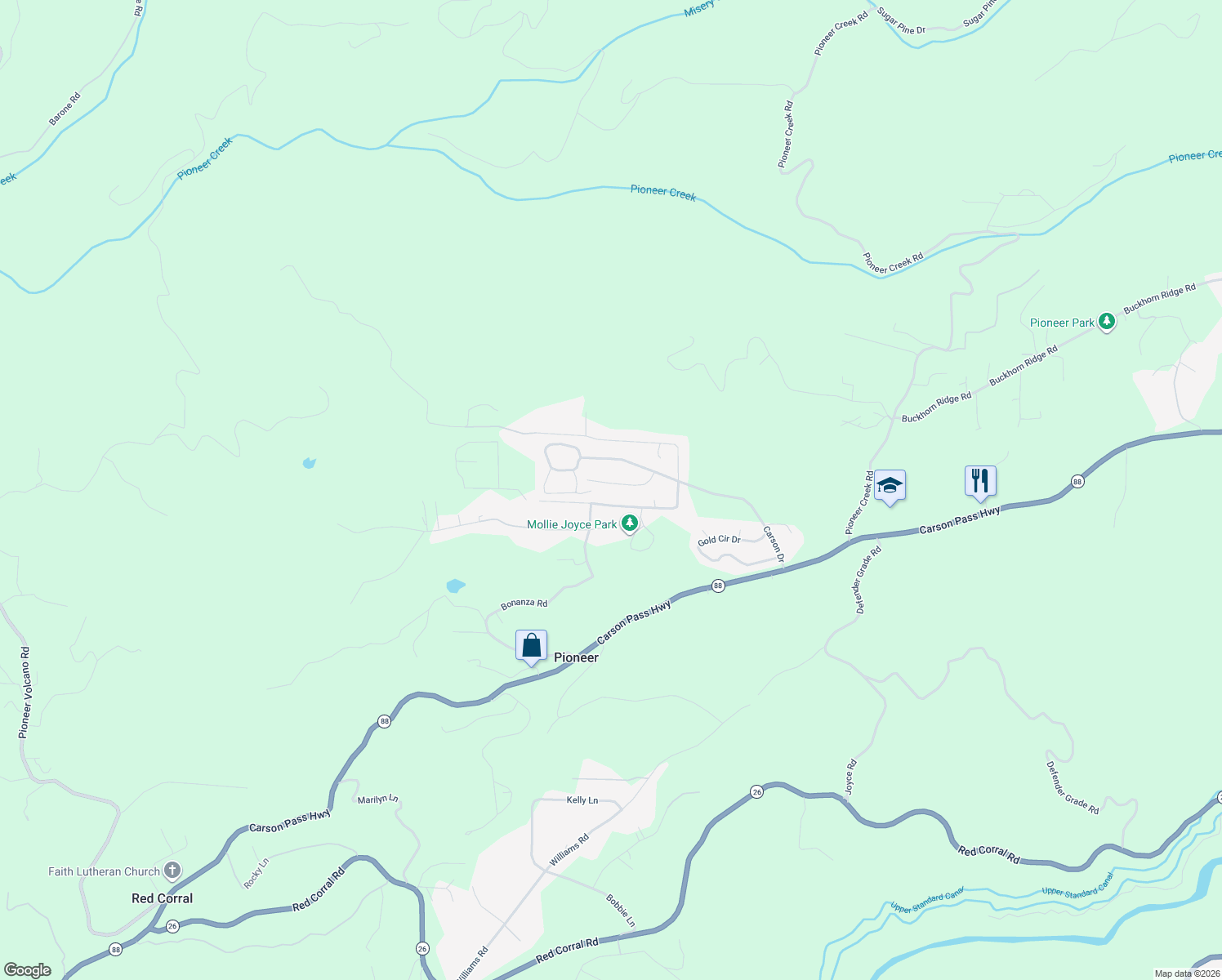 map of restaurants, bars, coffee shops, grocery stores, and more near 23942-23954 Woodfern Dr in Pioneer