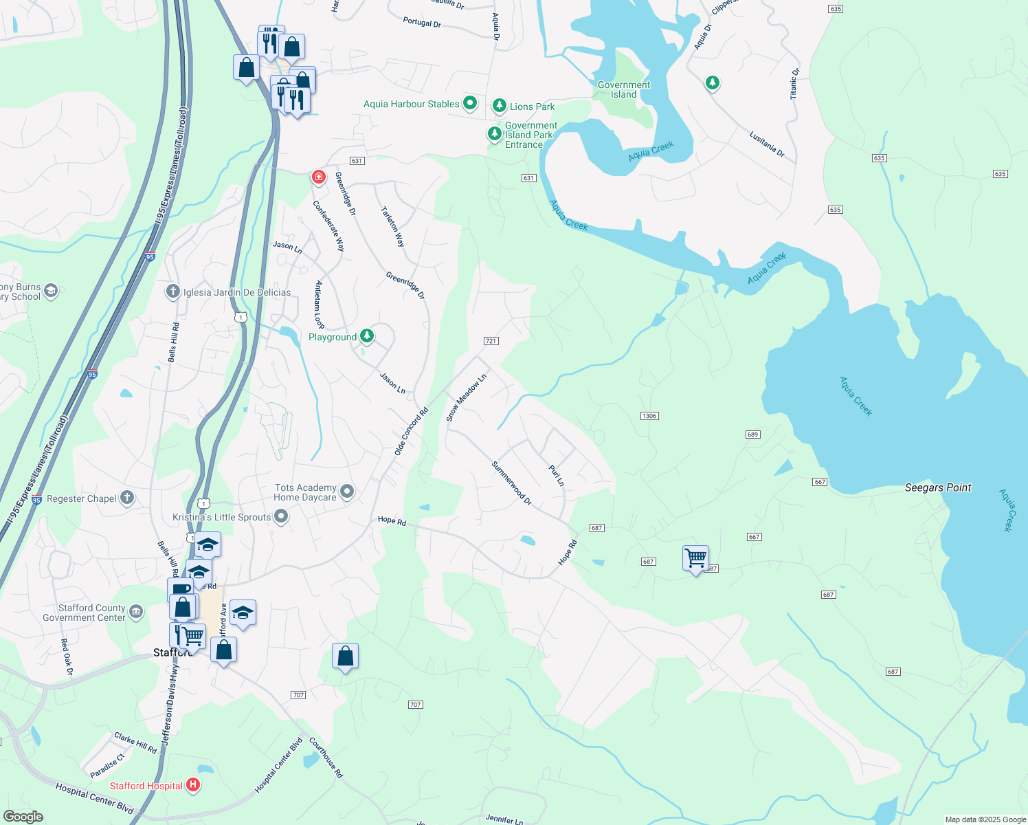 map of restaurants, bars, coffee shops, grocery stores, and more near 51 Puri Lane in Stafford