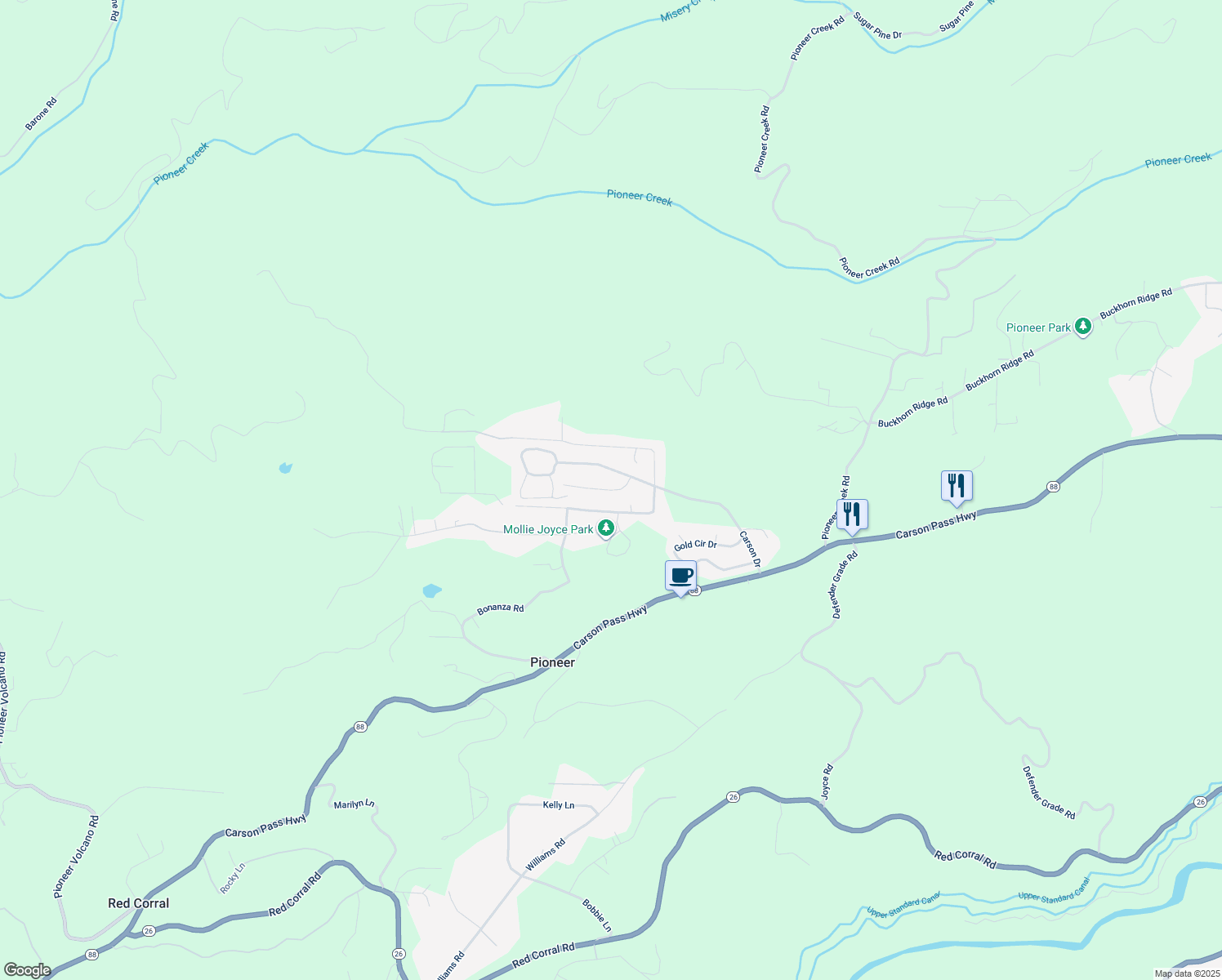 map of restaurants, bars, coffee shops, grocery stores, and more near Old Madrone Road in Pioneer