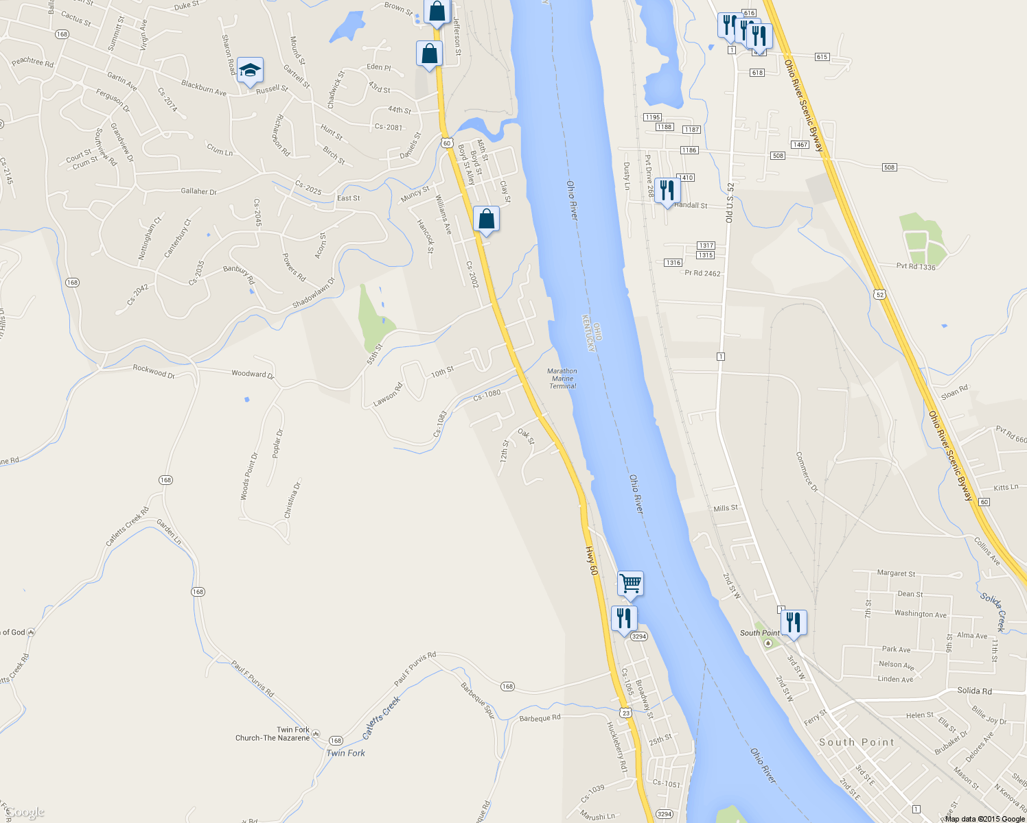 map of restaurants, bars, coffee shops, grocery stores, and more near Mitchell Street in Catlettsburg