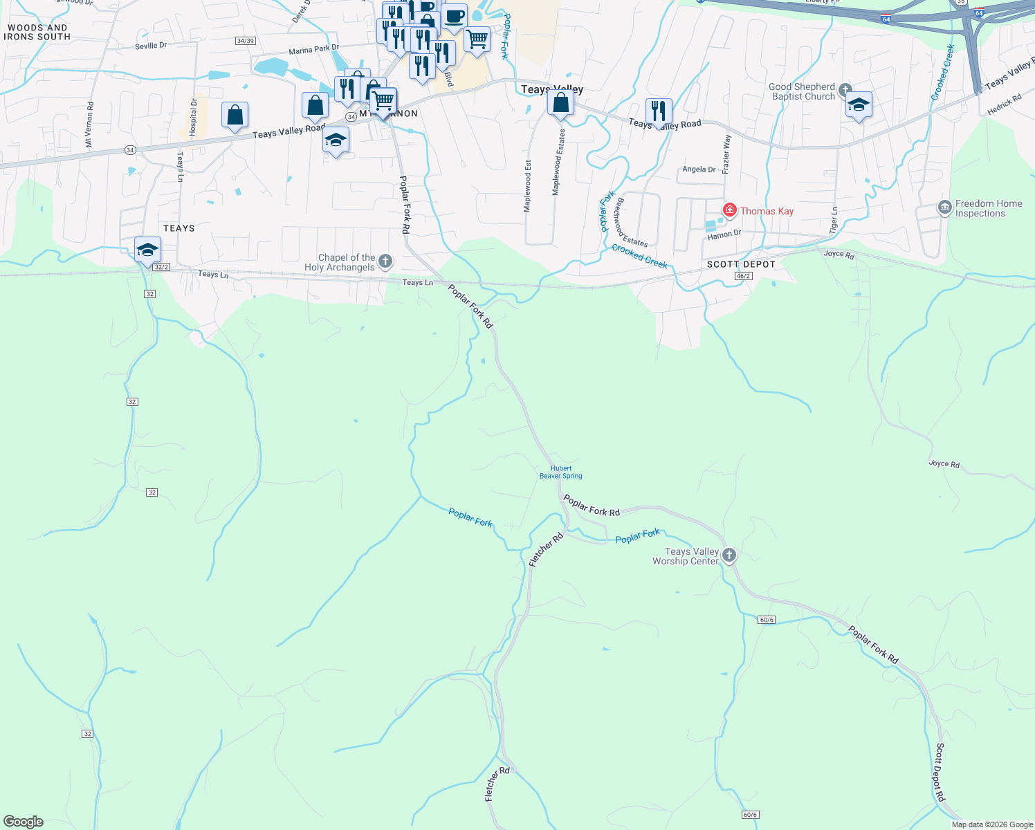 map of restaurants, bars, coffee shops, grocery stores, and more near 1164 Scott Depot Road in Putnam County