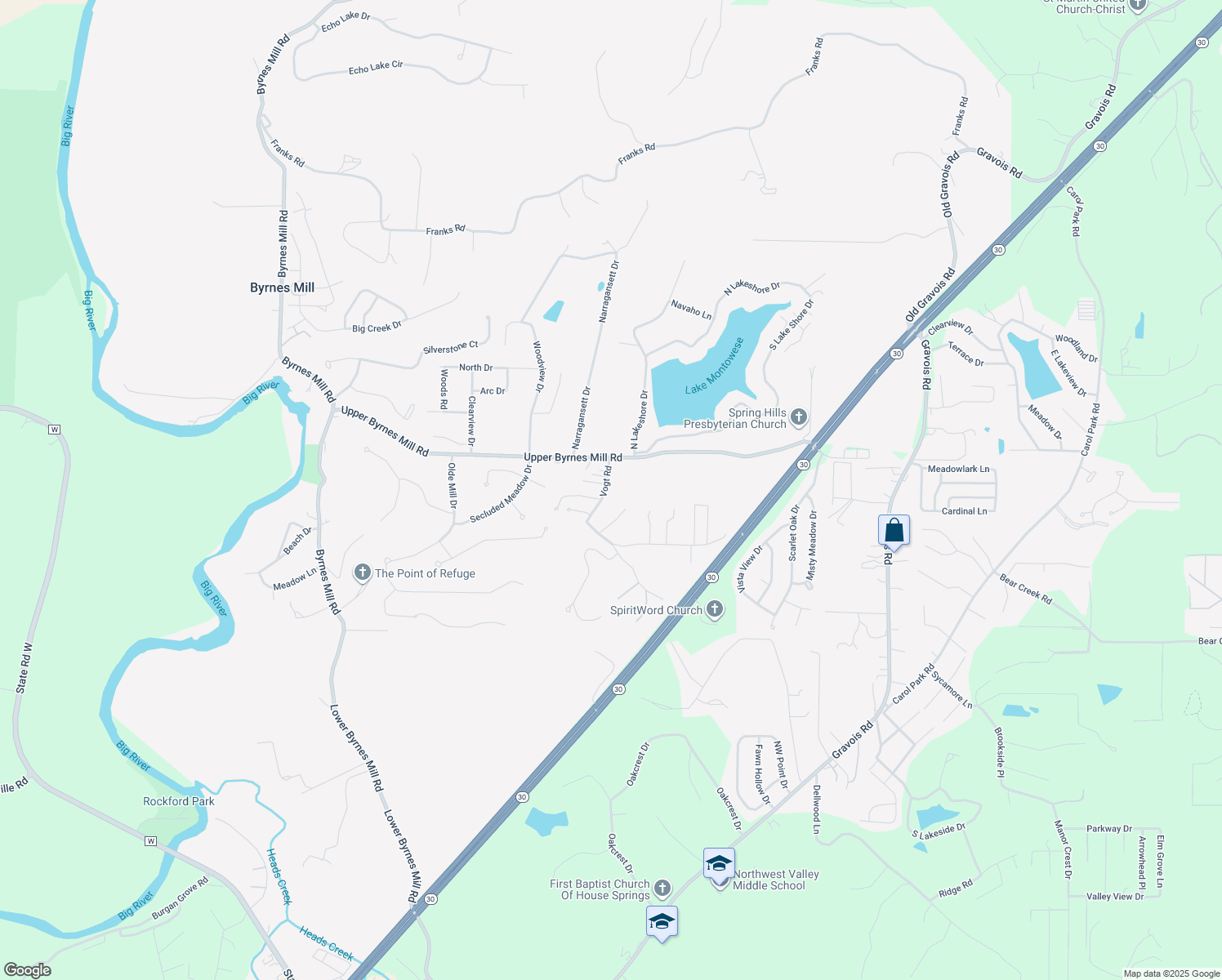 map of restaurants, bars, coffee shops, grocery stores, and more near 3840 Vogt Road in Byrnes Mill