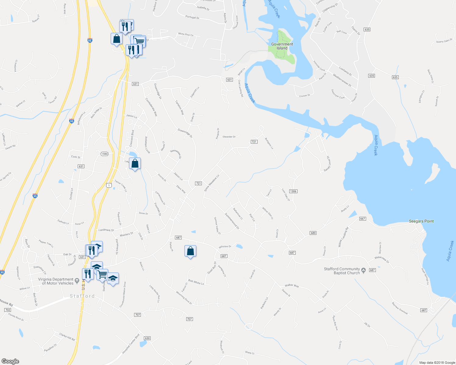 map of restaurants, bars, coffee shops, grocery stores, and more near 9 Maple Leaf Court in Stafford