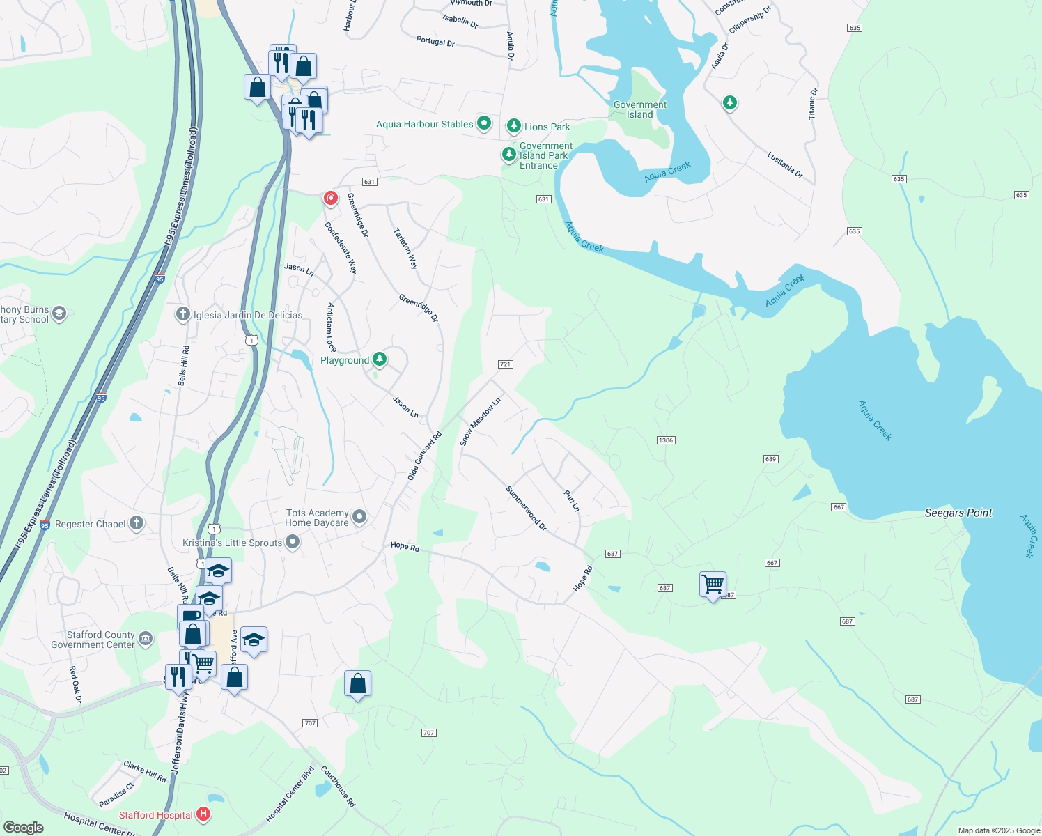 map of restaurants, bars, coffee shops, grocery stores, and more near 11 Maple Leaf Court in Stafford