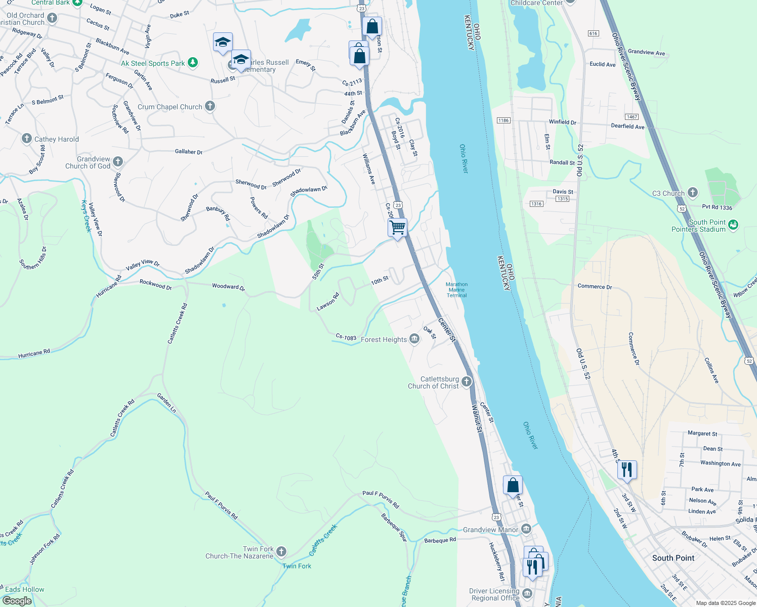 map of restaurants, bars, coffee shops, grocery stores, and more near 400 Horse Branch Road in Catlettsburg